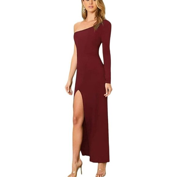 One Shoulder Long Sleeve Split Thigh Cocktail Party Maxi Dress | Small - Picture 3 of 11